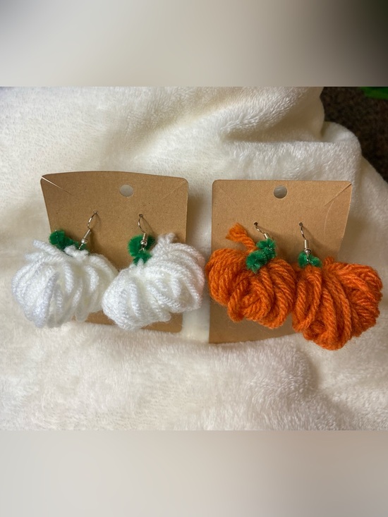 Hand Crafted Jewelry - Hand Crafted White & Orange Pumpkin Yarn Earrings